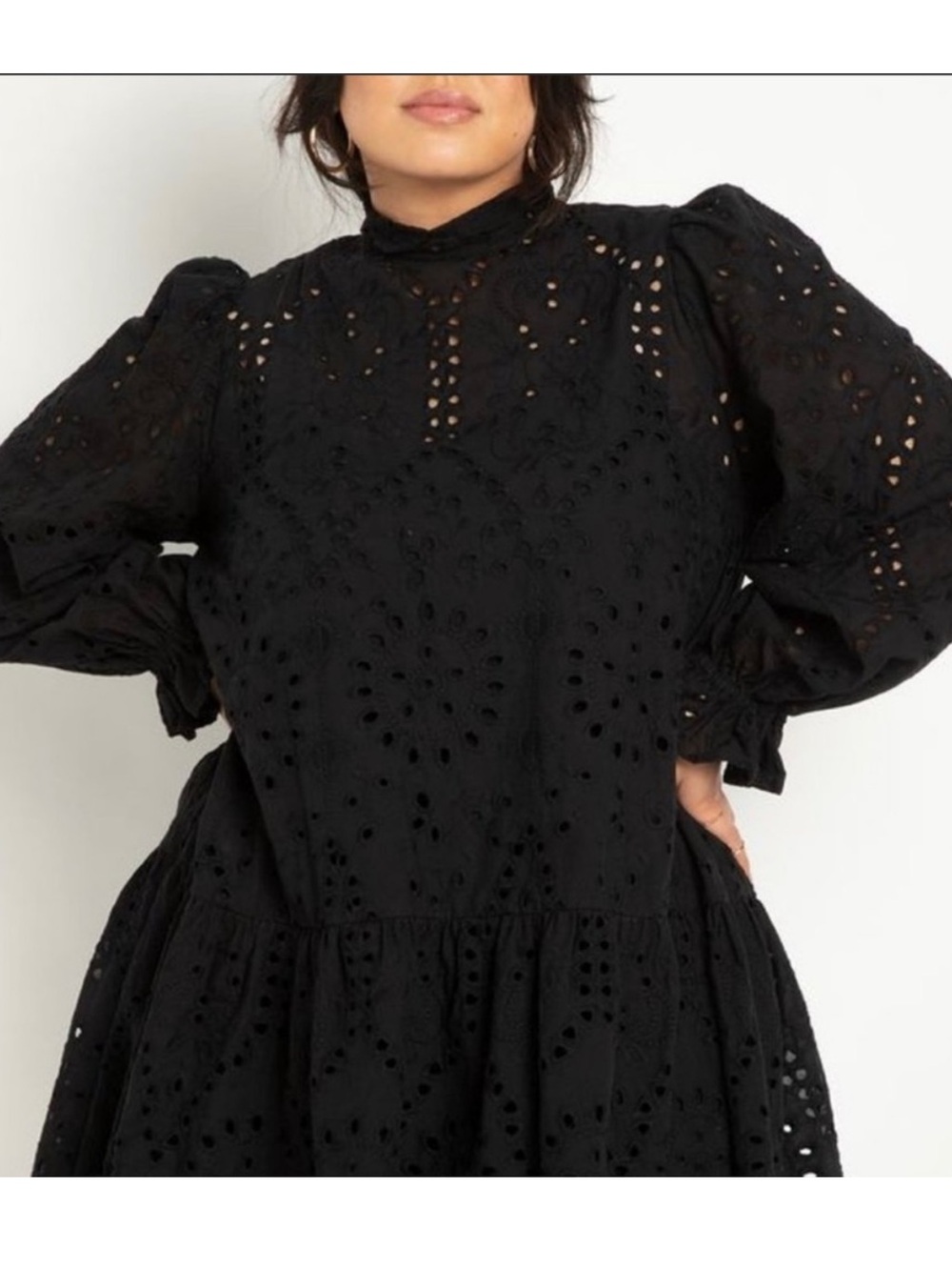 Eloquii Black Eyelet High Neck Long Sleeve Cotton Dress Size 18 - Picture 3 of 7